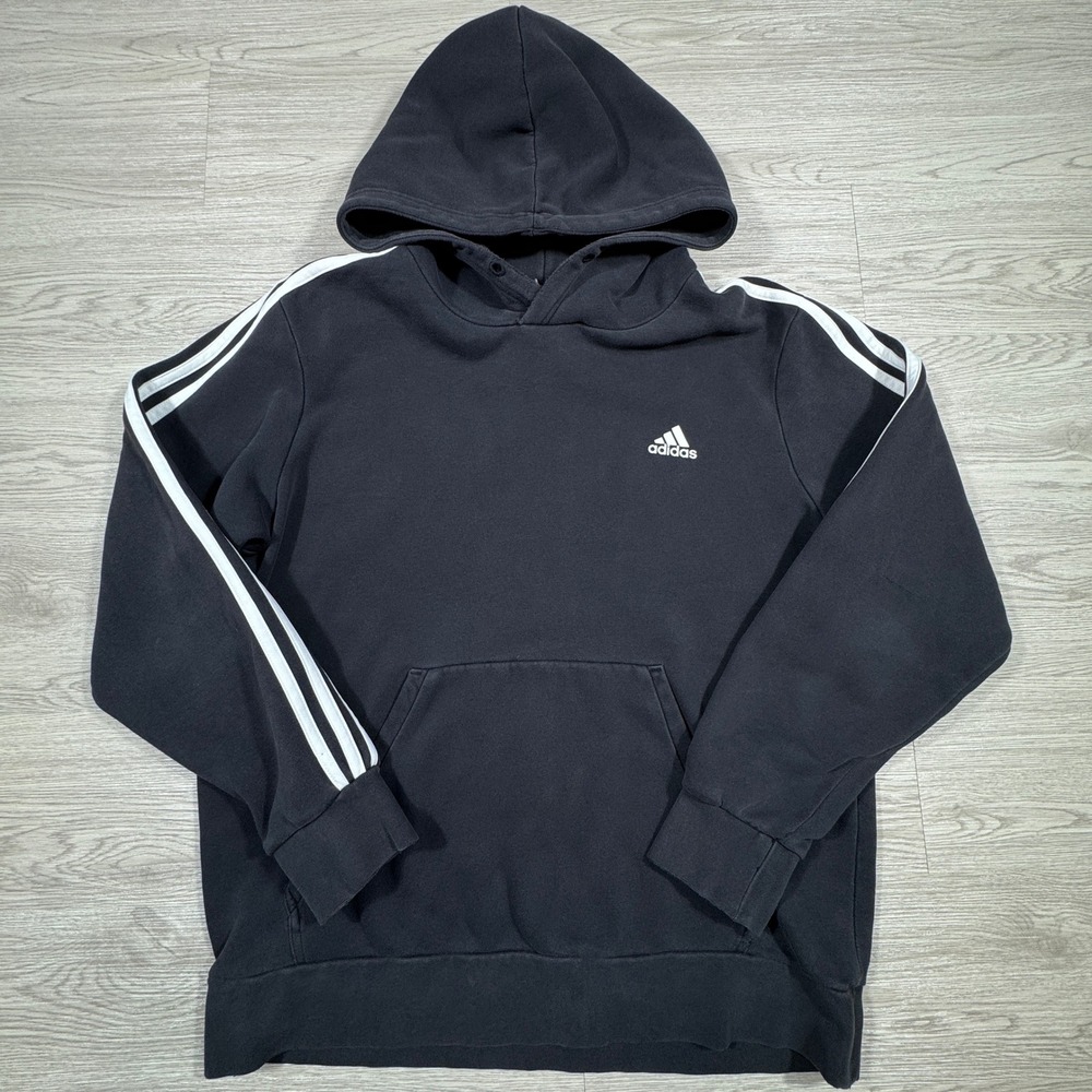 Adidas Men's Hoodie Pullover 3-Stripe Fleece Logo Black Small Pocket